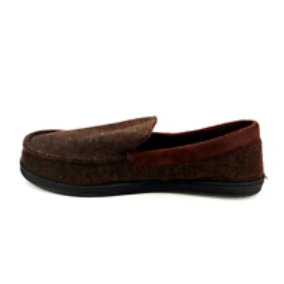 Isotoner Mens Slip On Moccasin Slipper Brown Textile Herringbone Lined 10-11 - Picture 2 of 10